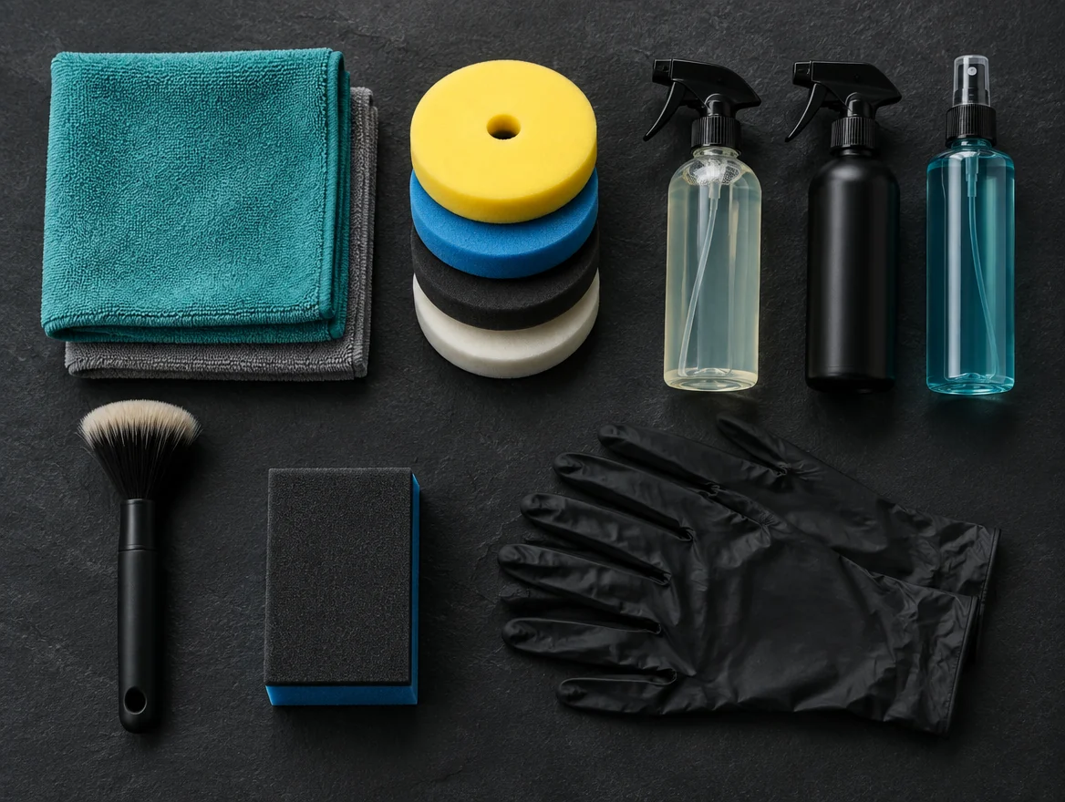 Mikrofasertücher, Polierpads, Sprühflaschen, Pinsel und Handschuhe
                  liegen geordnet auf einer dunklen Fläche