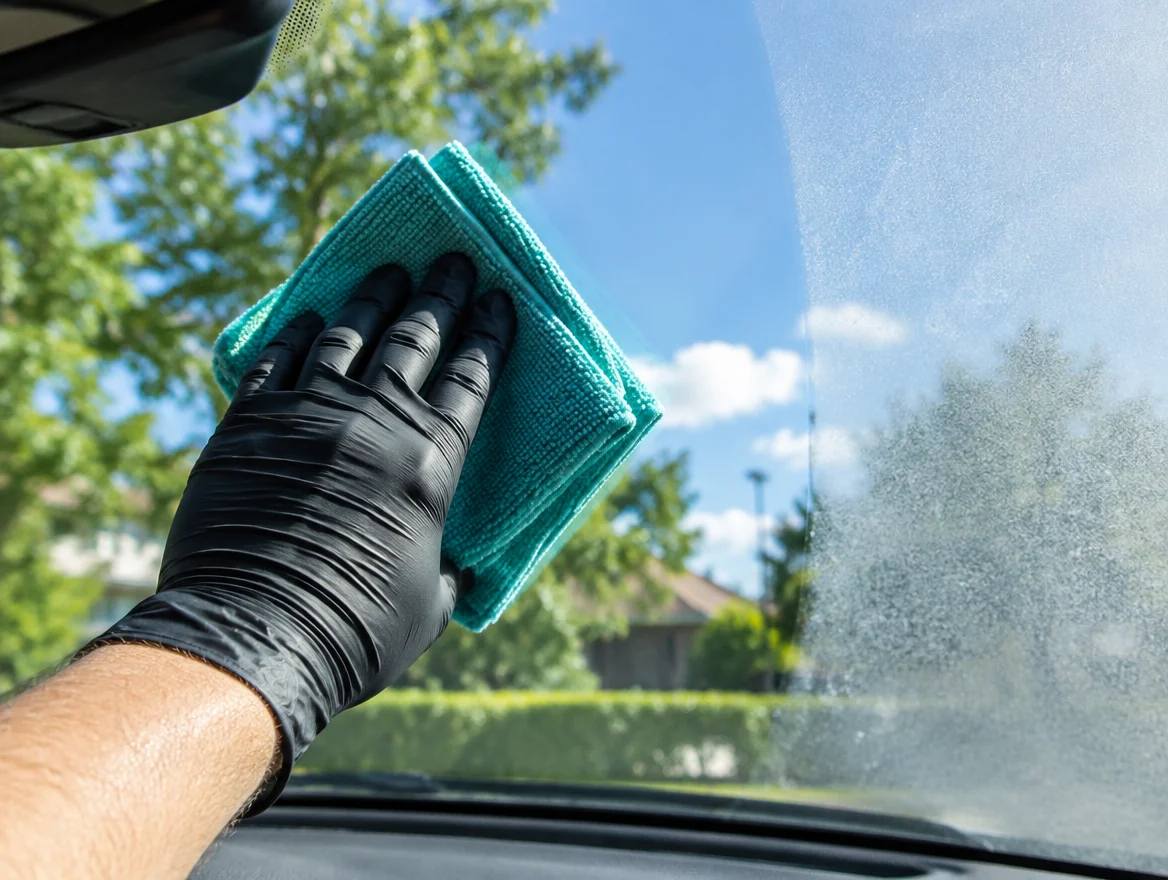 Eine behandschuhte Hand wischt die Innenseite der Windschutzscheibe streifenfrei