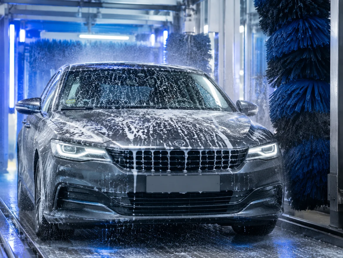 Ein dunkles Auto in einer modernen Waschanlage, Schaum und Wasser auf der Motorhaube