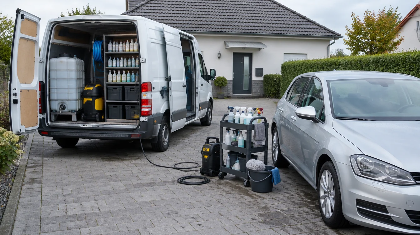 Der geöffnete Transporter mit Wassertank, Sauger und Pflegemitteln
                  steht in einer Einfahrt neben dem Fahrzeug